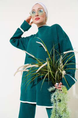 Kol Katlamalı Düğmeli Triko İkili Takım Zümrüt - Thumbnail