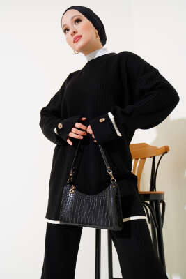 Kol Katlamalı Düğmeli Triko İkili Takım Siyah - Thumbnail