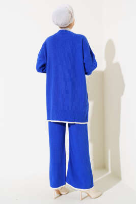 Kol Katlamalı Düğmeli Triko İkili Takım Saks - Thumbnail