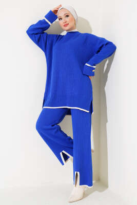 Kol Katlamalı Düğmeli Triko İkili Takım Saks - Thumbnail