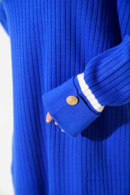 Kol Katlamalı Düğmeli Triko İkili Takım Saks - Thumbnail