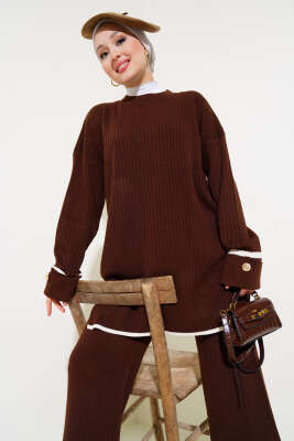 Kol Katlamalı Düğmeli Triko İkili Takım Kahve - Thumbnail