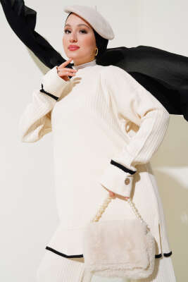 Kol Katlamalı Düğmeli Triko İkili Takım Bej - Thumbnail