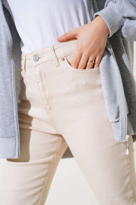 Lazer Dar Paça Mom Jean Pantolon Bej - Thumbnail