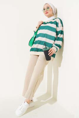 Yatay Kalın Çizgili Salaş Tunik Yeşil - Thumbnail