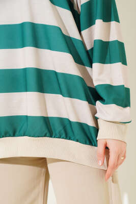 Yatay Kalın Çizgili Salaş Tunik Yeşil - Thumbnail