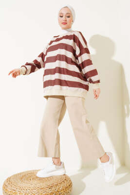 Yatay Kalın Çizgili Salaş Tunik Kahve - Thumbnail