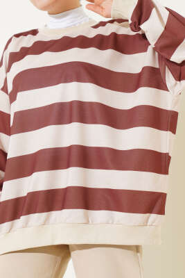 Yatay Kalın Çizgili Salaş Tunik Kahve - Thumbnail