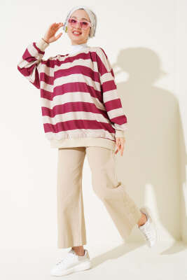 Yatay Kalın Çizgili Salaş Tunik Bordo - Thumbnail