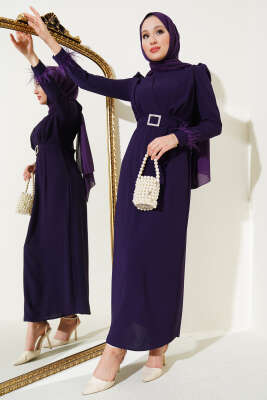 Pazarium - Kol Ucu Tüylü Kemerli Elbise Menekşe