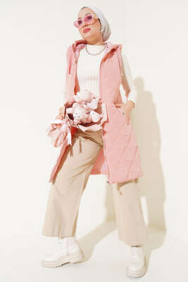 Pazarium - Kapüşonlu Çıtçıt Cepli Şişme Yelek Pudra