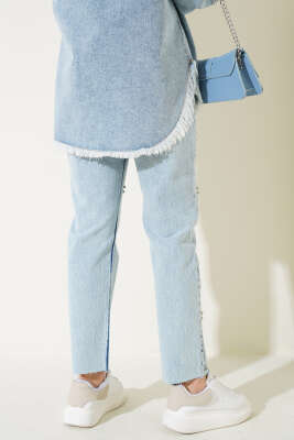 Taş Süslemeli Lazer Kesim Kot Pantolon Kar Açık - Thumbnail