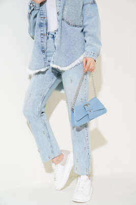 Taş Süslemeli Lazer Kesim Kot Pantolon Kar Açık - Thumbnail