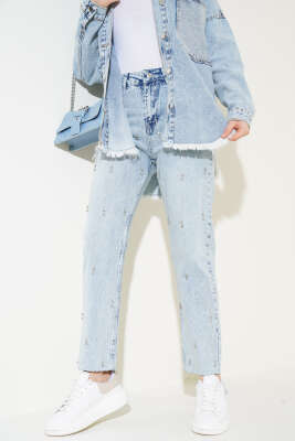 Taş Süslemeli Lazer Kesim Kot Pantolon Kar Açık - Thumbnail