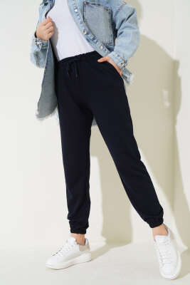 Pazarium - Bel Ve Bilek Lastikli Jogger Pantolon Lacivert