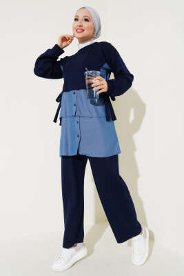 Loyşa Kot Garnili Bağlamalı İkili Takım Lacivert - Thumbnail