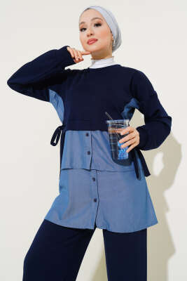 Loyşa Kot Garnili Bağlamalı İkili Takım Lacivert - Thumbnail