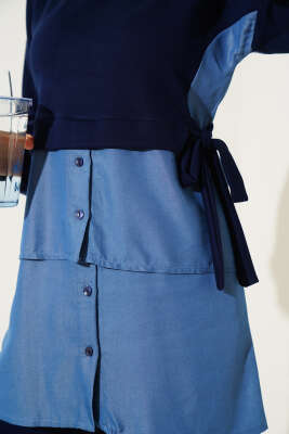 Loyşa Kot Garnili Bağlamalı İkili Takım Lacivert - Thumbnail