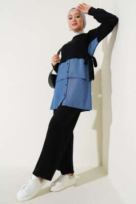 Loyşa Kot Garnili Bağlamalı İkili Takım Siyah - Thumbnail