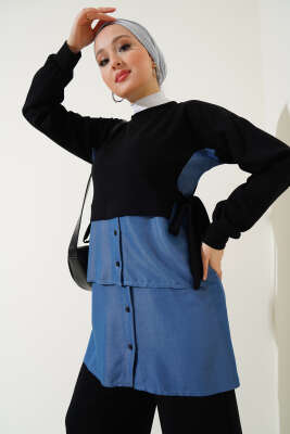 Loyşa Kot Garnili Bağlamalı İkili Takım Siyah - Thumbnail