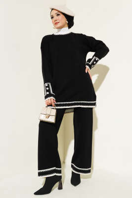 Kol Düğmeli Triko İkili Takım Siyah - Thumbnail