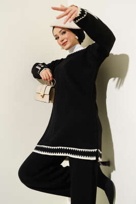 Kol Düğmeli Triko İkili Takım Siyah - Thumbnail