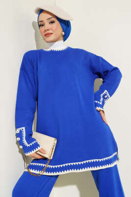 Kol Düğmeli Triko İkili Takım Saks - Thumbnail