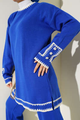 Kol Düğmeli Triko İkili Takım Saks - Thumbnail