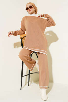 Kol Düğmeli Triko İkili Takım Latte - Thumbnail