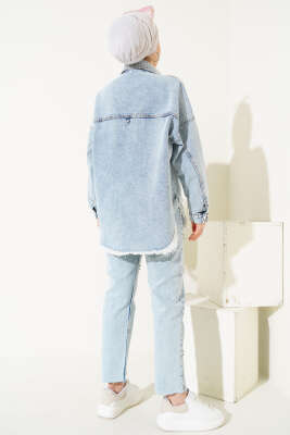 Püsküllü Taşlı Kot Ceket Kar Açık - Thumbnail