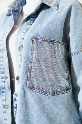 Püsküllü Taşlı Kot Ceket Kar Açık - Thumbnail