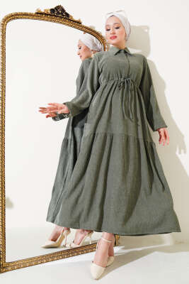 Bel Tünelli Bürümcük Elbise Çağla Yeşili - Thumbnail