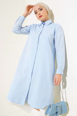 Pazarium - Uzun Model Klasik Yaka Tunik Buz Mavisi