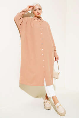 Yarasa Kol Oversize Uzun Gömlek Latte - Thumbnail