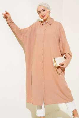 Yarasa Kol Oversize Uzun Gömlek Latte - Thumbnail