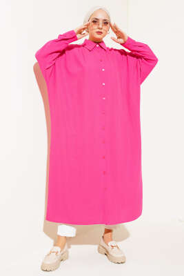 Yarasa Kol Oversize Uzun Gömlek Fuşya - Thumbnail