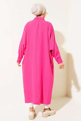 Yarasa Kol Oversize Uzun Gömlek Fuşya - Thumbnail
