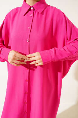 Yarasa Kol Oversize Uzun Gömlek Fuşya - Thumbnail