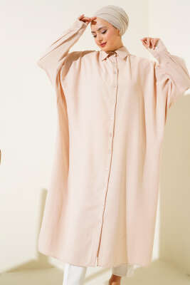 Yarasa Kol Oversize Uzun Gömlek Bej - Thumbnail