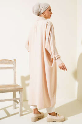 Yarasa Kol Oversize Uzun Gömlek Bej - Thumbnail