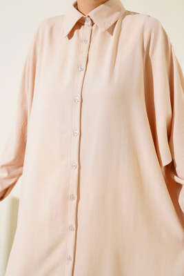 Yarasa Kol Oversize Uzun Gömlek Bej - Thumbnail