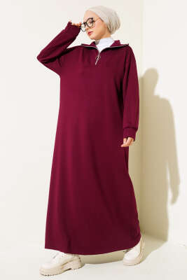 Yüksek Yaka Fermuarlı Elbise Bordo - Thumbnail