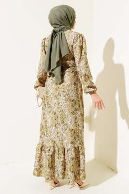 Etnik Desen Volanlı Elbise Yeşil - Thumbnail