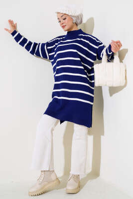 Fitilli Çizgili Salaş Triko Tunik Lacivert - Thumbnail