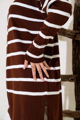 Fitilli Çizgili Salaş Triko Tunik Kahve - Thumbnail