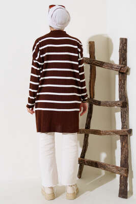 Fitilli Çizgili Salaş Triko Tunik Kahve - Thumbnail