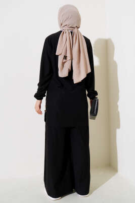 Yanları Düğme Detaylı İkili Takım Siyah - Thumbnail