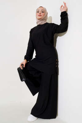 Yanları Düğme Detaylı İkili Takım Siyah - Thumbnail