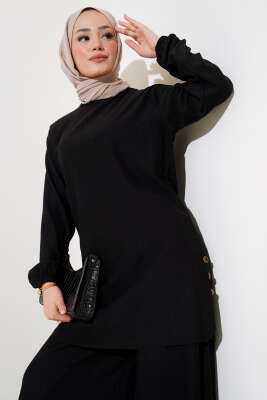 Yanları Düğme Detaylı İkili Takım Siyah - Thumbnail