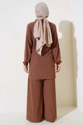 Yanları Düğme Detaylı İkili Takım Kahve - Thumbnail